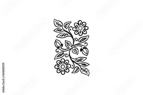Decorative Floral Branch with Flowers and Leaves Black Outline on White Background