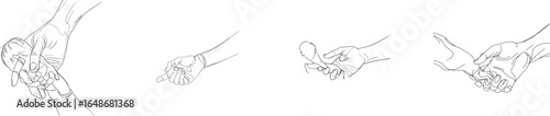 A modern illustration features a one-line drawing of a baby's hand positioned on the palm of an adult's hand, set against a plain white isolated background