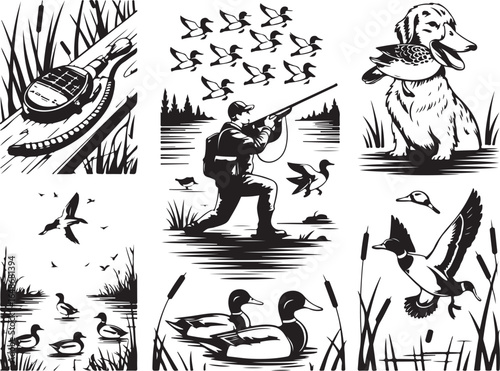 Hunter aims at ducks; dog retrieves fowl; outdoor adventure scenes