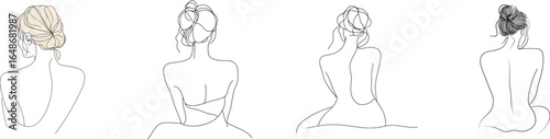 A naked woman is illustrated in a modern style, standing with her back to the viewer, using a single line drawing on a white isolated background