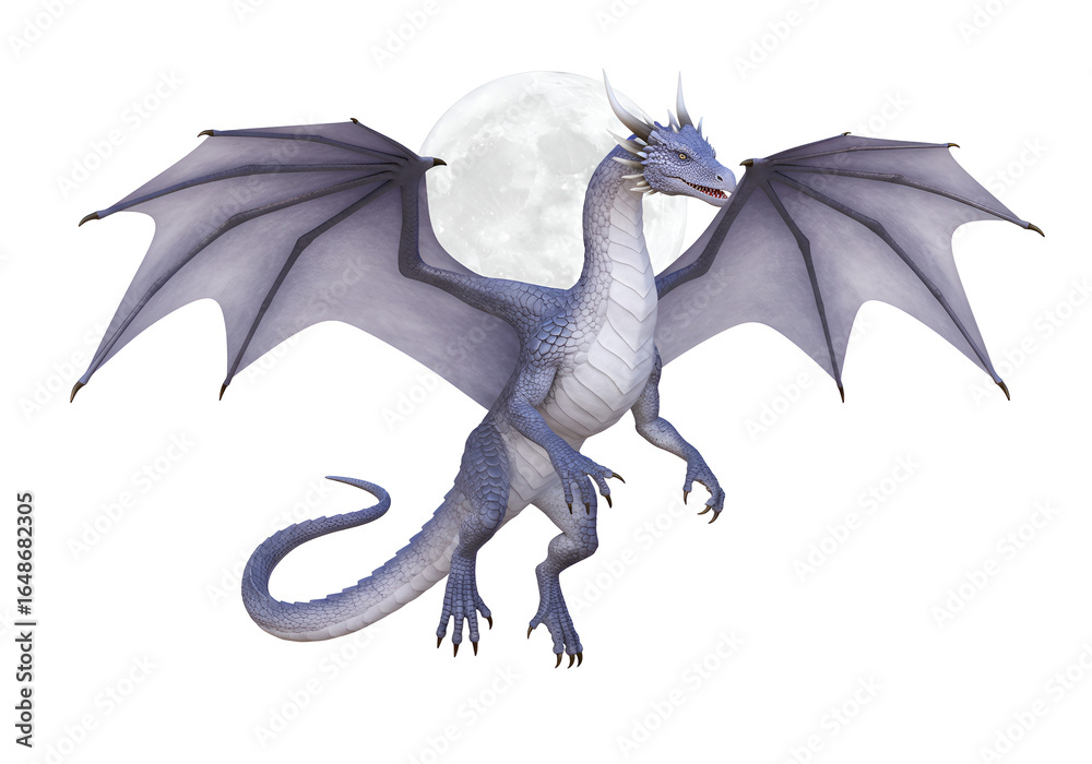 Fototapeta premium Fantasy Illustration of a Mythical Silver Dragon Flying Against a Full Moon Night Sky
