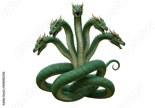 Fantasy Illustration of a Multi-Headed Green Dragon with Six Heads and Menacing Expression