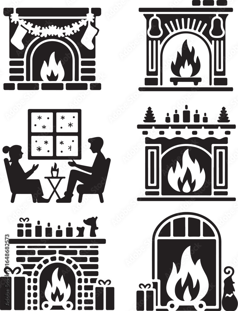 Naklejka premium Cozy Christmas fireplaces with festive decor and gifts