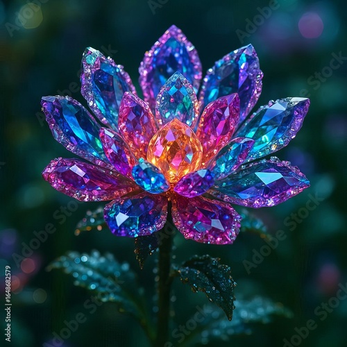  Fantasy botanical gemstone flowers with luminous crystal leaves and magical glowing texture
