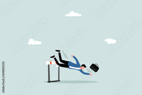 Business failure, mistakes or unable to overcome difficulties or obstacles, frustrated entrepreneurs fail to jump over obstacles and fall to the ground.