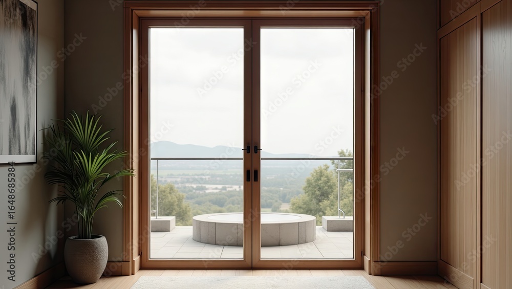 Obraz premium Wooden double doors open to a tranquil outdoor patio.
