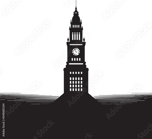 Iconic clock tower silhouette against bright sky