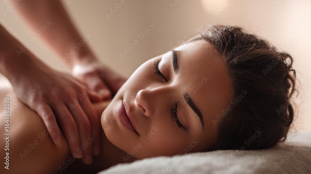 Close-up woman receiving neck massage with closed eyes, soft warm lighting Close-up woman receiving neck massage with closed eyes, soft warm lighting