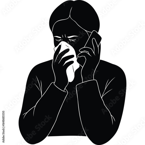 Sick Woman on Phone, Black Silhouette, Vector Illustration, Healthcare, Illness