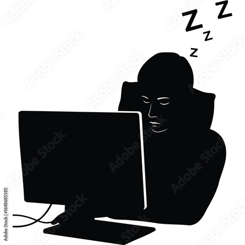 Silhouette of Person Sleeping at Computer, Exhausted Worker, Tired Employee, Zzz