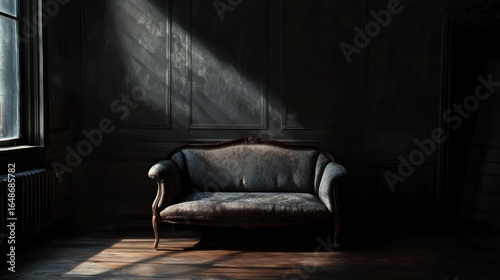Sunlit antique settee in a dimly lit room with dark walls and hardwood floor