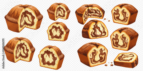 Collection of marble cake loafs, shown whole, halved, and in pieces, highlighting the delicious chocolate swirl.
