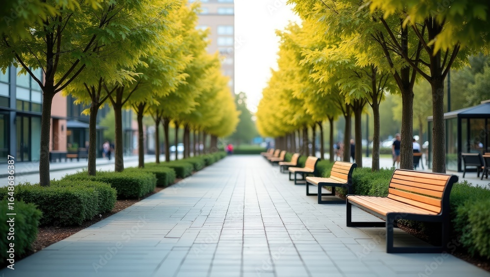 Fototapeta premium Urban walkway lined with trees and benches.