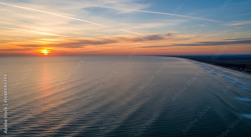 Fototapeta premium Golden hour over the ocean at the beach, a serene seascape at sunset offering a peaceful