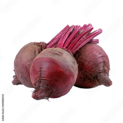 Three vibrant red beets clustered together, tops attached