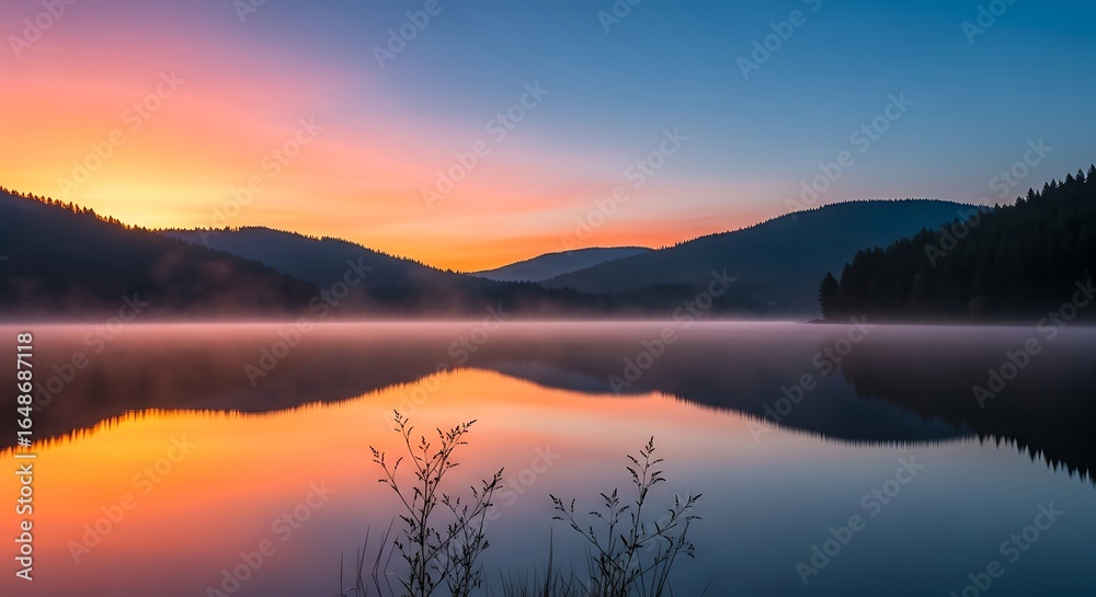 Fototapeta premium Tranquil mountain lake reflects a vibrant sky during a foggy sunrise serene landscape