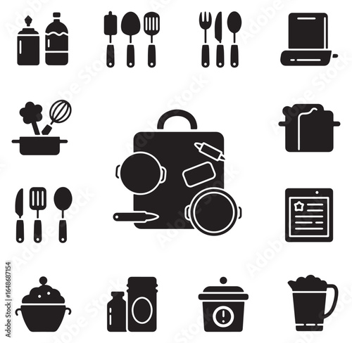 Collection of kitchenware and cooking utensils black icons isolated on white background