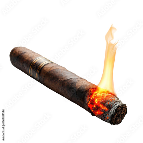 A burning brown cigar on transparent background