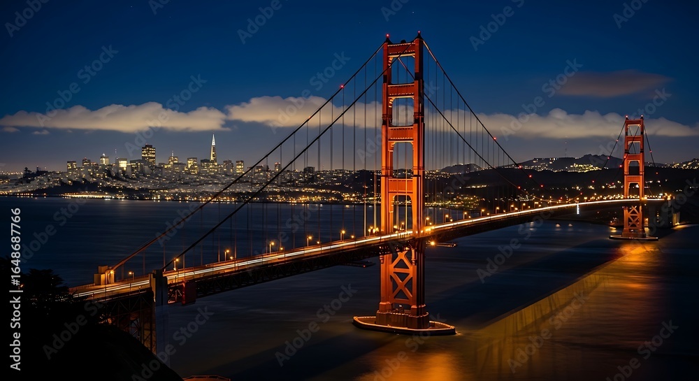 Obraz premium Illuminated golden gate bridge at dusk with city lights creating a stunning silhouette