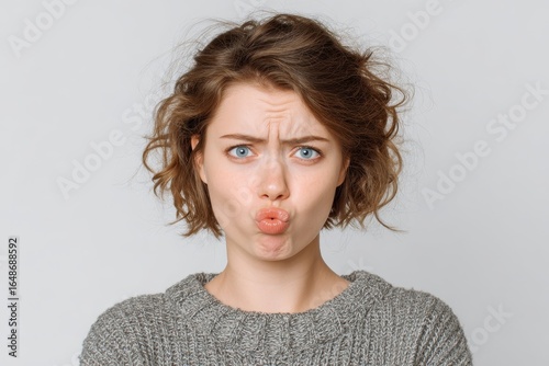 Young Woman's Displeased Expression: Grumpy Face Displaying Disgust and Refusal