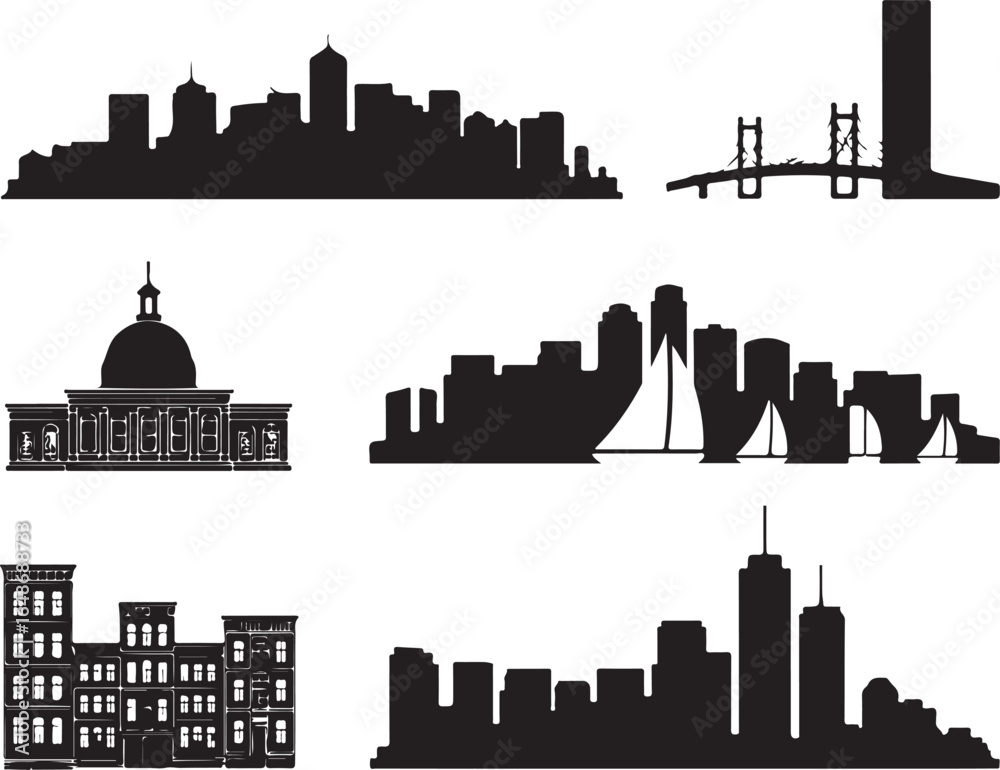 Naklejka premium Diverse city skylines and architecture silhouettes for design
