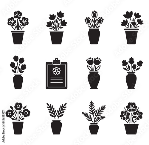 Minimalist black and white floral icon set featuring various flower arrangements and vase designs