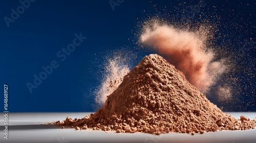 Pile of brown powder with particles in motion.