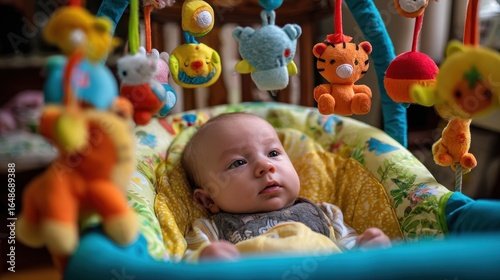 Adorable Newborn Baby Boy Enchanted by Colorful Mobile Toy in Cozy Swing Chair