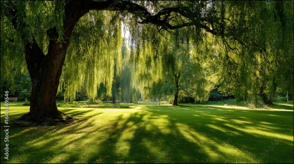 Obraz premium Large willow tree hanging branches sunlit park, green grass shadows