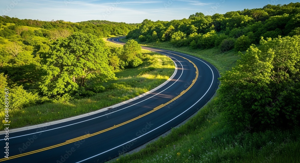 Fototapeta premium Winding Asphalt Road Through Green Forest Landscape on Sunny Day
