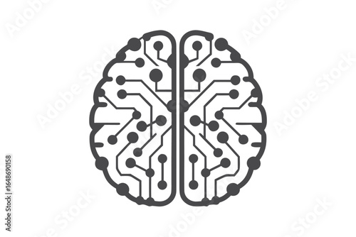 Gray Brain Circuit Board Icon on White Background, AI Neural Network Concept