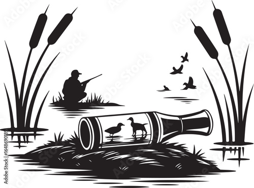 Hunter patiently waits for ducks near reeds and a duck call