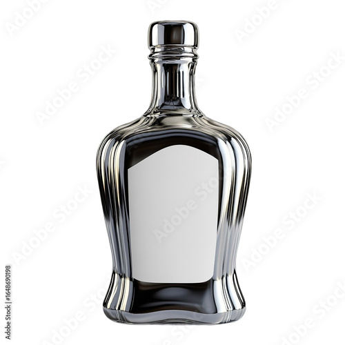 Front view of a tequila bottle with a smooth, rounded silhouette and a metallic finish, featuring a white blank label, studio shot, isolated on a white transparent background