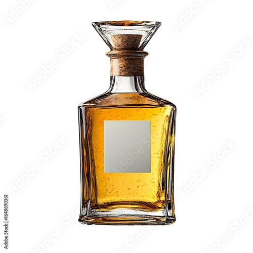 Front view of a tequila bottle with a triangular top and squared-off base, featuring a white blank label, studio shot, isolated on a white transparent background