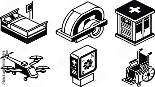 Isometric hospital equipment including a bed mri scanner building drone and wheelchair illustration