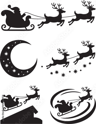 Santa Claus sleigh rides with reindeer under moonlit sky