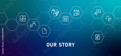 Our story web header with business and narrative related outline icons for corporate history pages team timelines or mission and vision statements with blue background