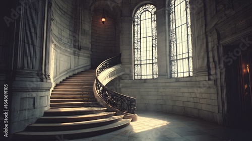 Grand spiral staircase in a stately building.