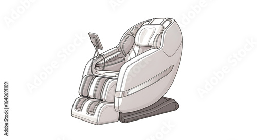 A detailed illustration of a modern white massage chair with a built in control panel on a white background ai genrated