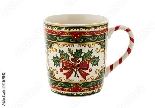 Festive Christmas-themed ceramic mug with holly and bow design for holiday celebrations