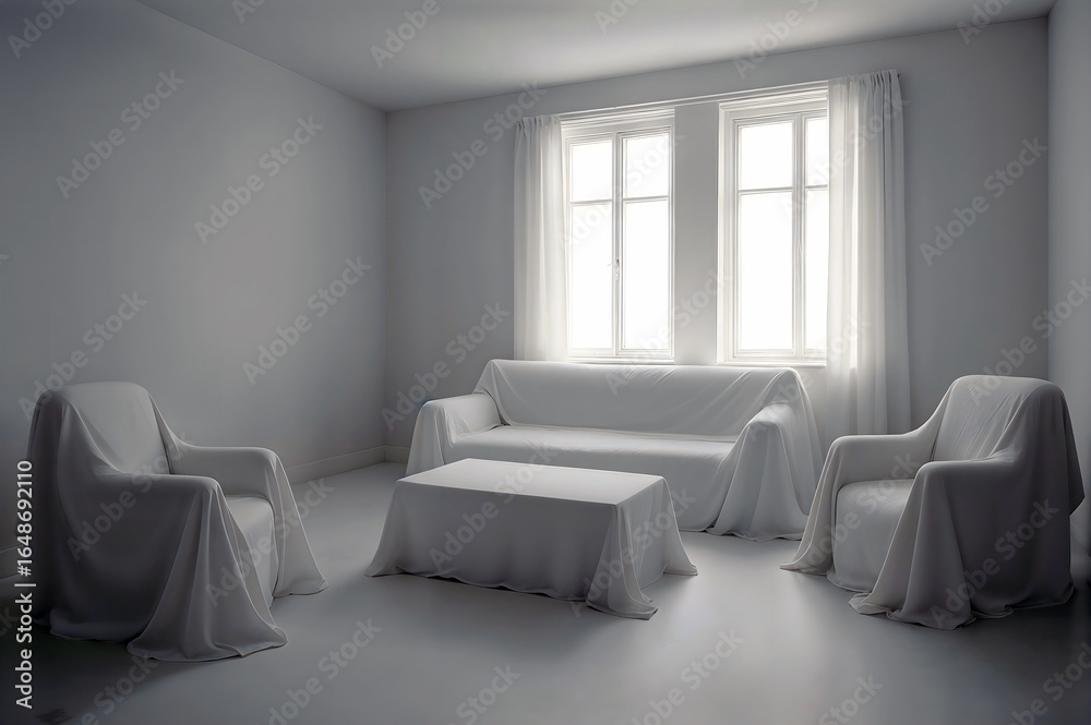 custom made wallpaper toronto digitalSerene all-white room with sofa, chairs, and table draped in white fabric under soft natural light