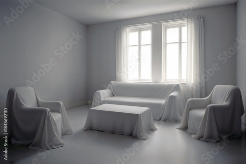 Wallpaper Mural Serene all-white room with sofa, chairs, and table draped in white fabric under soft natural light Torontodigital.ca