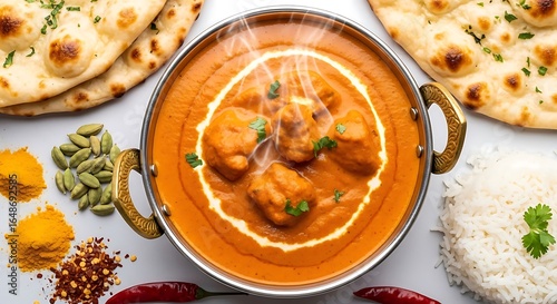 Indian butter chicken with naan and rice, rich curry texture, top-down view, spices and authentic presentation.