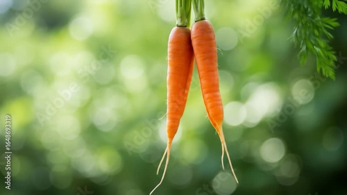 Fresh carrot bunch hanging against natural greenery garden or farm background