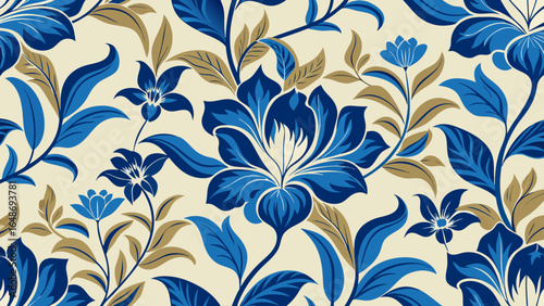 Elegant floral pattern featuring blue flowers and brown leaves on a cream colored background
