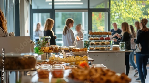 Buffet table with food and people in background at event or conference with natural light coming through