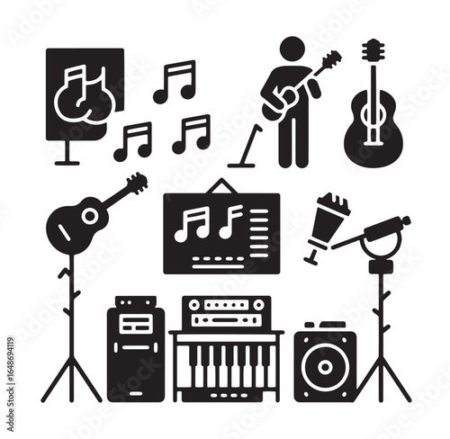 Simplified icons depicting musical instruments and performance elements for music related concepts
