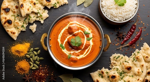 Indian butter chicken with naan and rice, rich curry texture, top-down view, spices and authentic presentation.