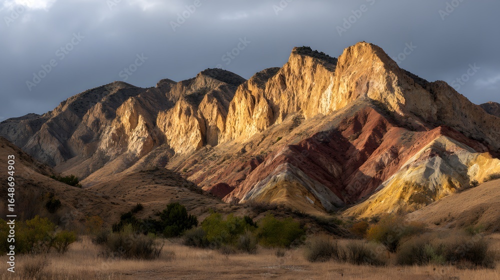 Fototapeta premium Colorful mountain range under a cloudy sky.