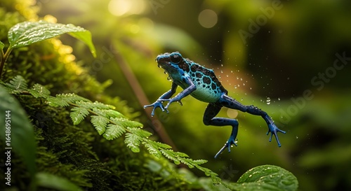Vibrant Blue Poison Dart Frog Leaping Through Lush Green Rainforest
